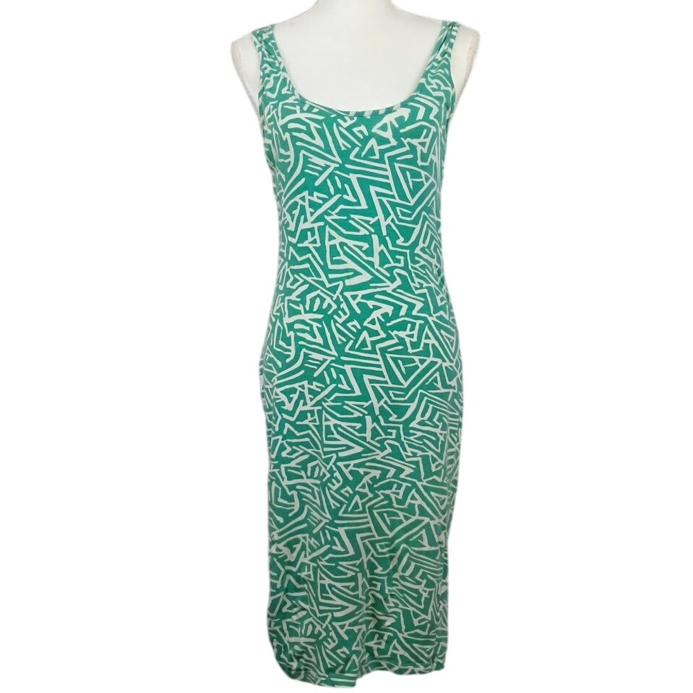 ASOS 4 Scoop Neck Sleeveless Tank Dress Green White Geometric Bodycon Midi